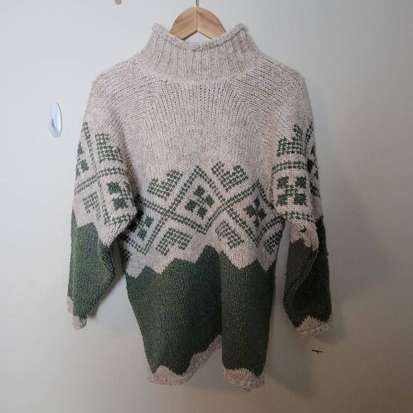 Vintage 90's High Neck Aztec Print Long length Relais Sweater Cream Green Large - Picture 3 of 5